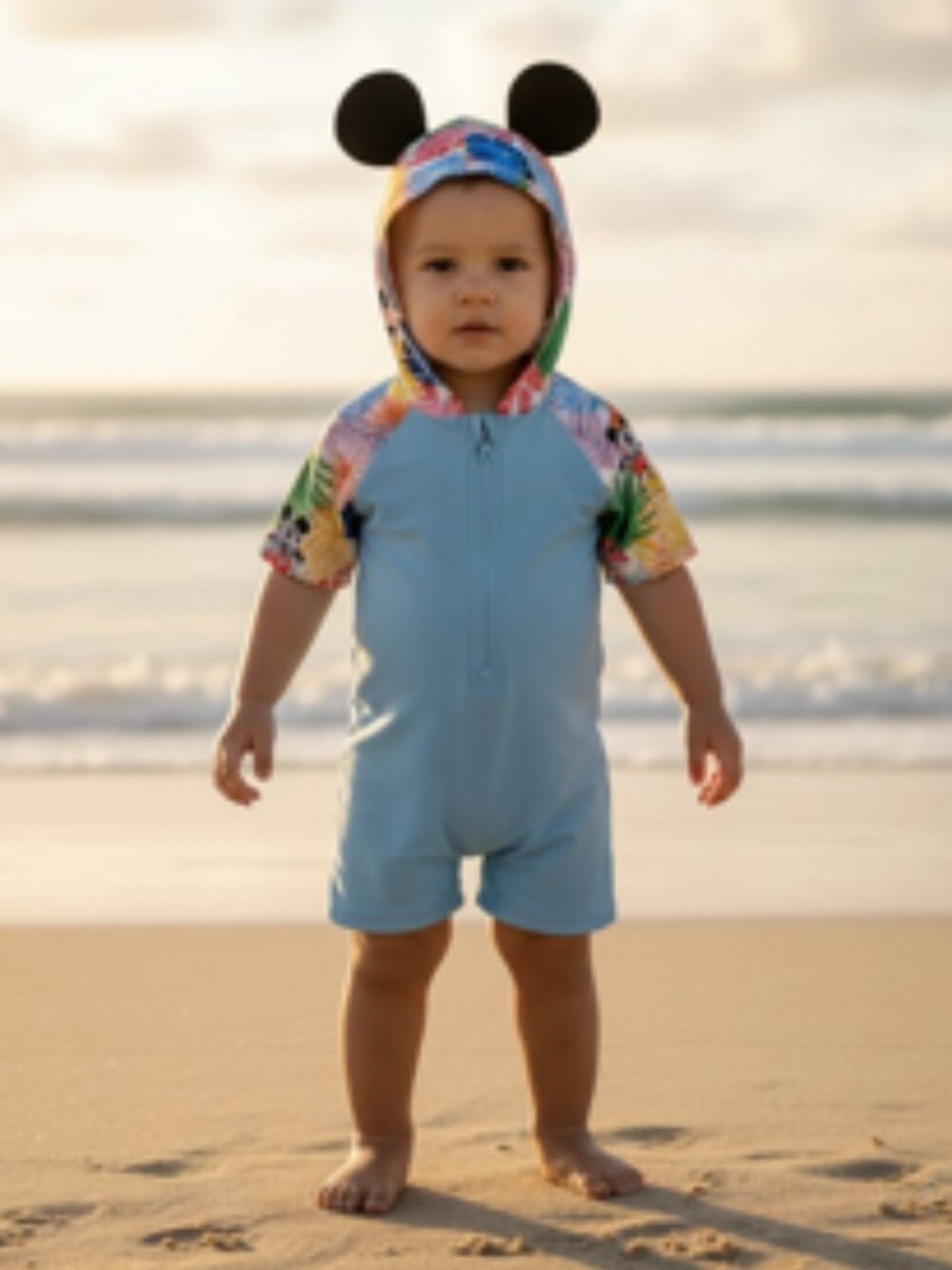 Disney Mickey Mouse‎ 1 Piece Hooded Swim Suit Toddler Boys Sz 12 To 18 Months